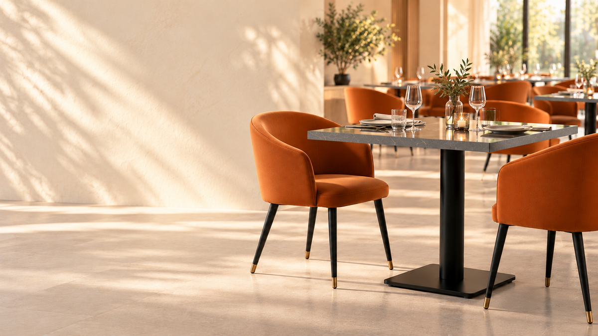 Black dining table with a gray edge and orange chairs in a bright restaurant